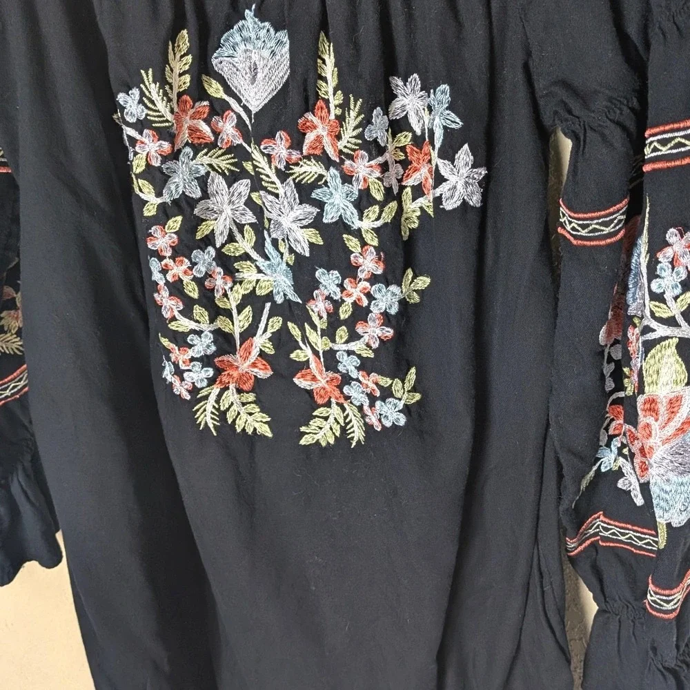 Free People Black Embroidered Peasant Tunic Dress Boho Festival Cottagecore Sz L